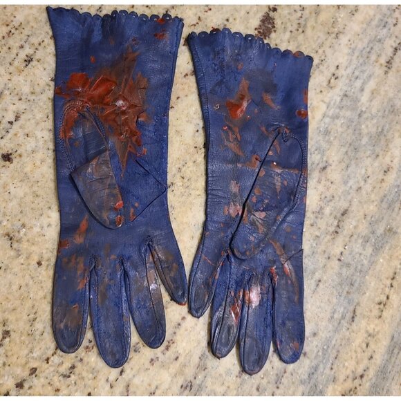 Vintage Size S Blue Leather Long Gloves Slashed Fake Bloody Slashed Zombie War - Picture 5 of 16